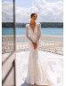 Long Sleeves Beaded Ivory Lace Tulle V Back Sexy Wedding Dress